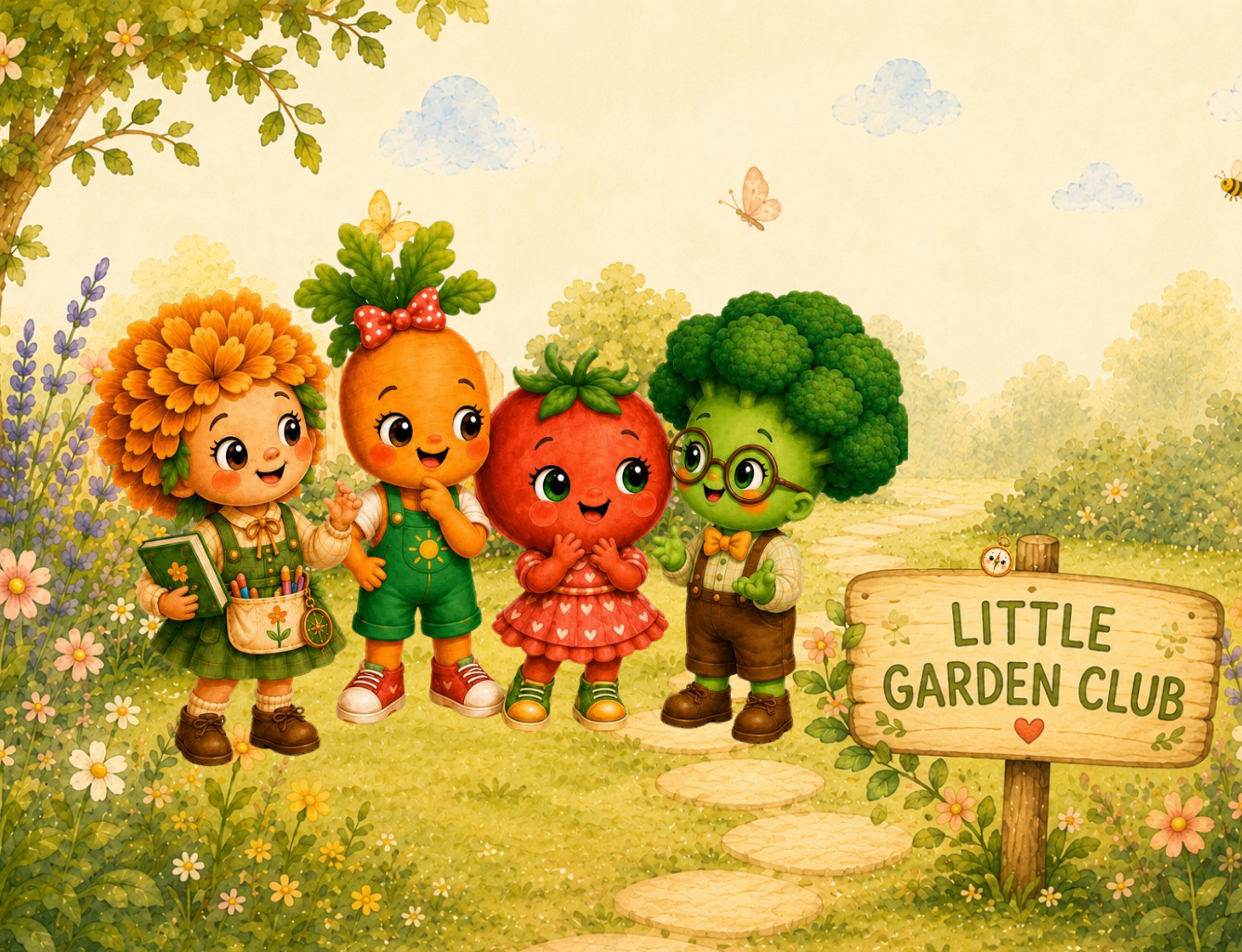 Little Garden Club characters gathered in the garden